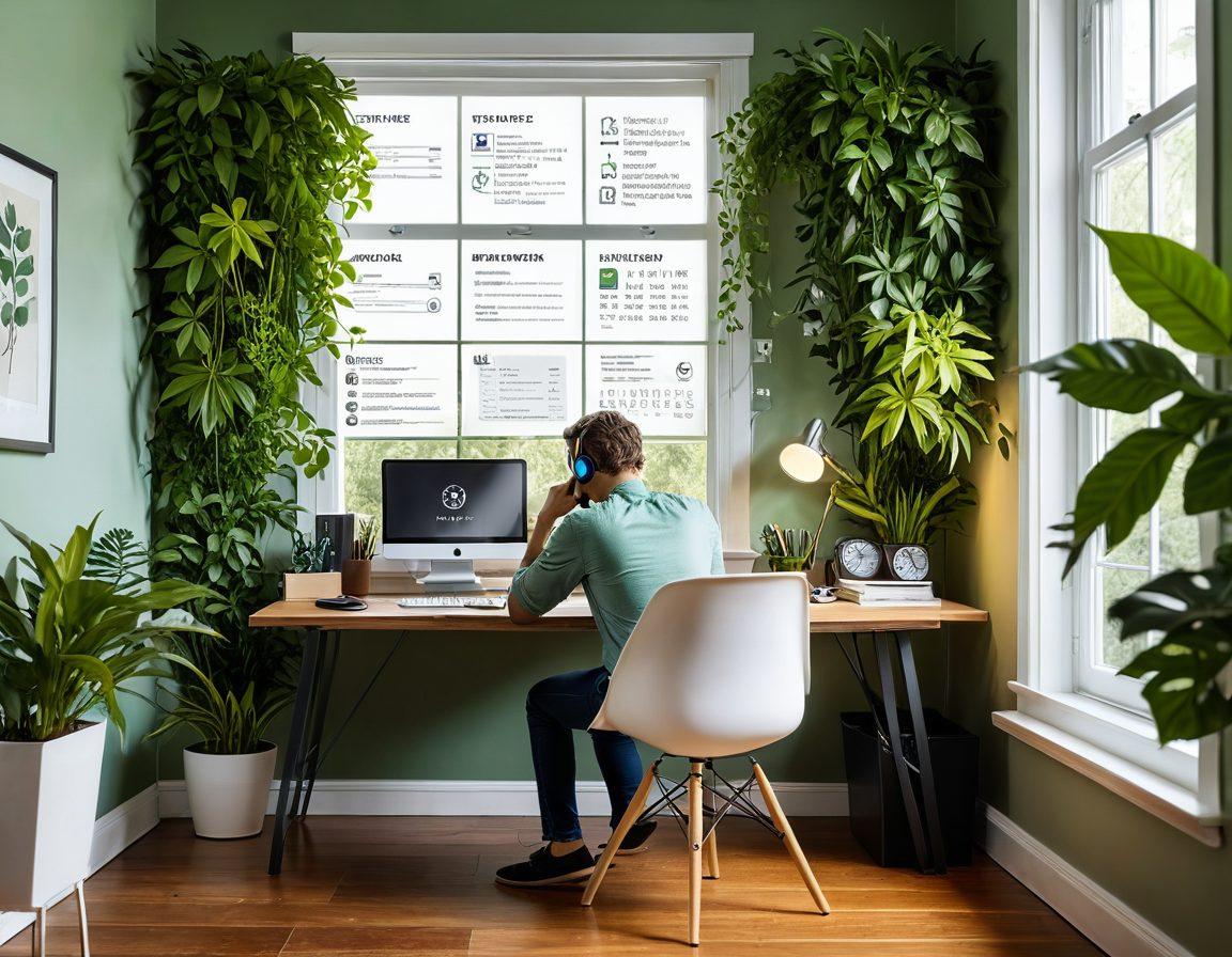 A serene home office setting, where a person is calmly sitting at their desk, working on a laptop while surrounded by plants. The screen displays a clear infographic about telemarketing regulations, with visual icons representing privacy and silence (e.g., a crossed-out phone symbol). Soft sunlight filters in through the window, creating a warm, inviting atmosphere. A clock indicates a peaceful hour of focused work. super-realistic. vibrant colors. warm tones.