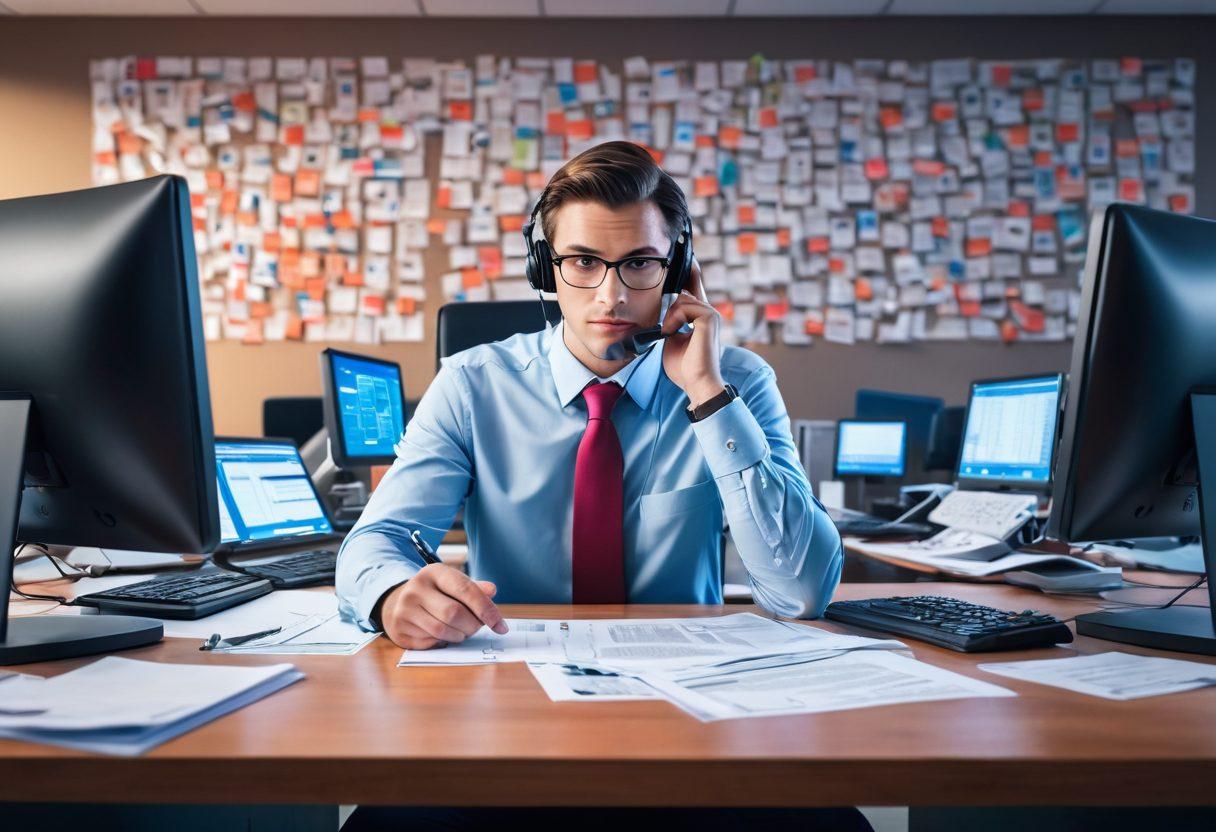 A vigilant person sitting at a desk, surrounded by telemarketing call logs, with a shield representing defense against intrusions. They are actively reviewing documents on telemarketing regulations, displaying determination and focus. The background features a digital landscape filled with phone icons, symbolizing telecommunication. Bright colors to convey urgency and efficiency. super-realistic. vibrant colors. 3D.