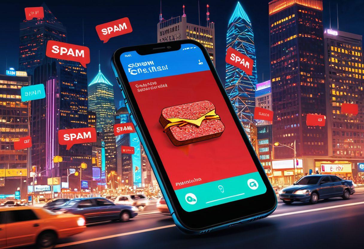 An illustration of a smartphone in the foreground with a glowing screen displaying a call screening feature, filtering out spam calls marked with a red 'x'. In the background, a busy cityscape symbolizes the chaotic nature of spam calls, with vibrant colors highlighting the contrast between the phone and the environment. Include playful icons of spam call notifications being filtered away. digital art. vibrant colors. 3D.